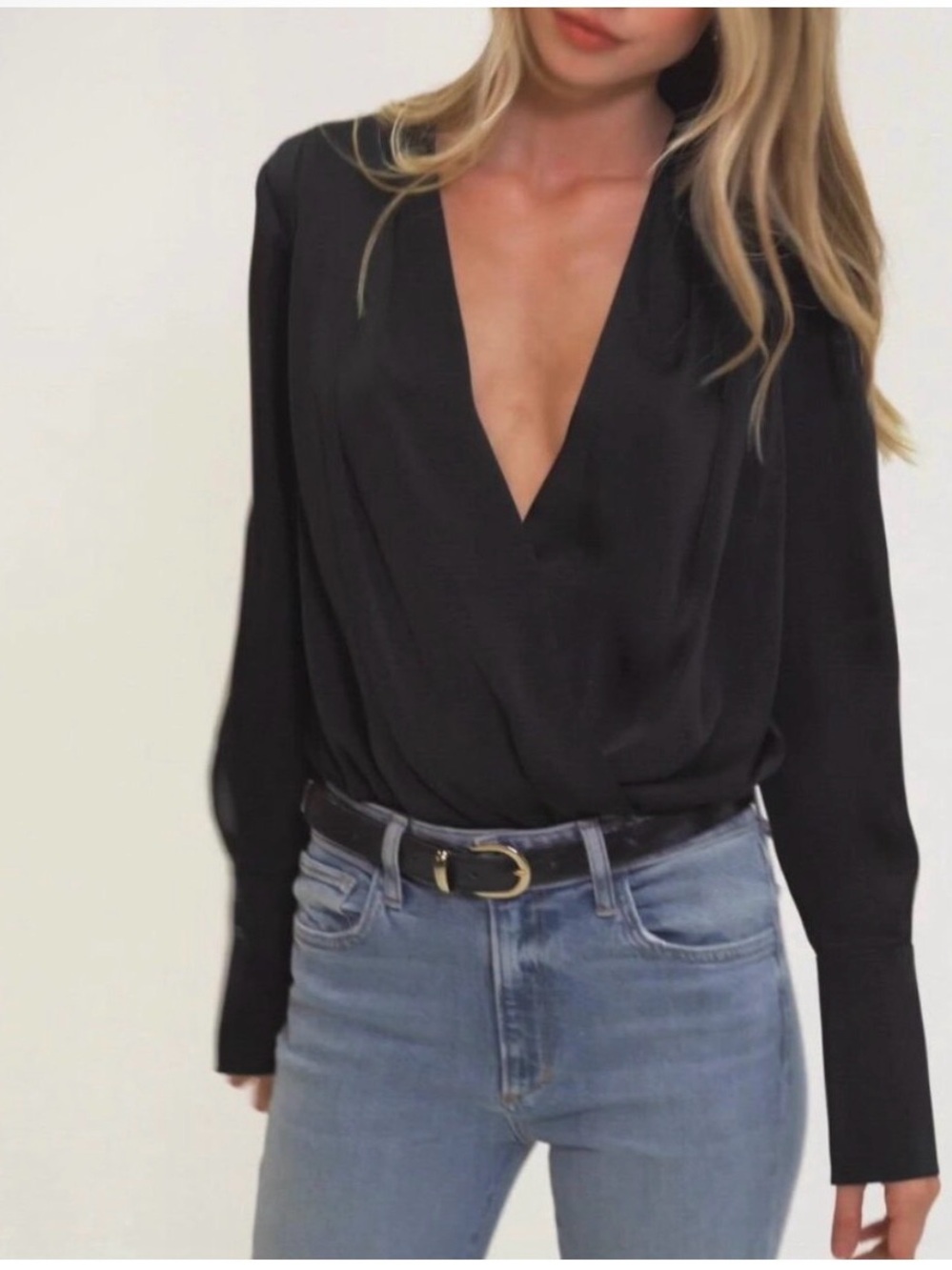 NWT Favorite Daughter The Date Blouse Satin Bodysuit Black Noir